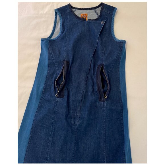 Tory Burch "Pierced Zipper" Denim Shift Dress w/ Pockets | Sz Small | Navy Blue - Picture 6 of 9